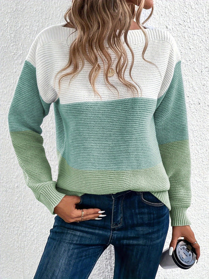 Elvara | Women's Color Block Crewneck Knit Sweatshirt