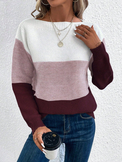 Elvara | Women's Color Block Crewneck Knit Sweatshirt