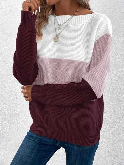 Elvara | Women's Color Block Crewneck Knit Sweatshirt