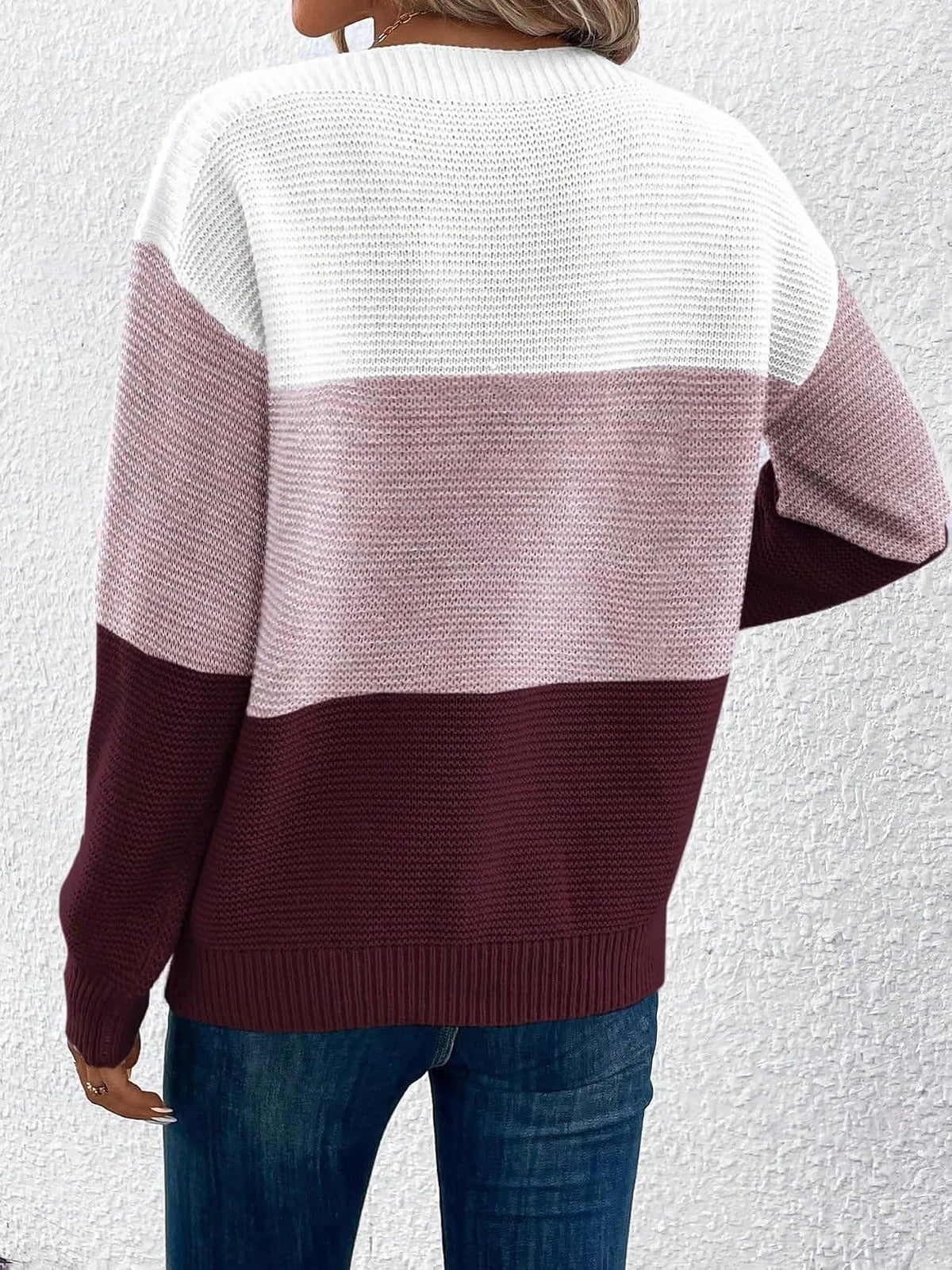 Elvara | Women's Color Block Crewneck Knit Sweatshirt