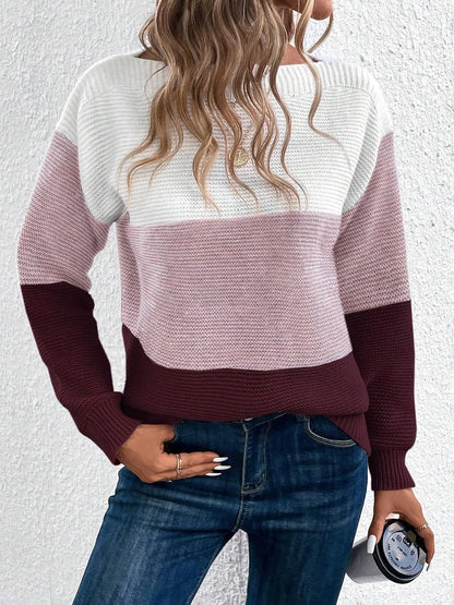 Elvara | Women's Color Block Crewneck Knit Sweatshirt
