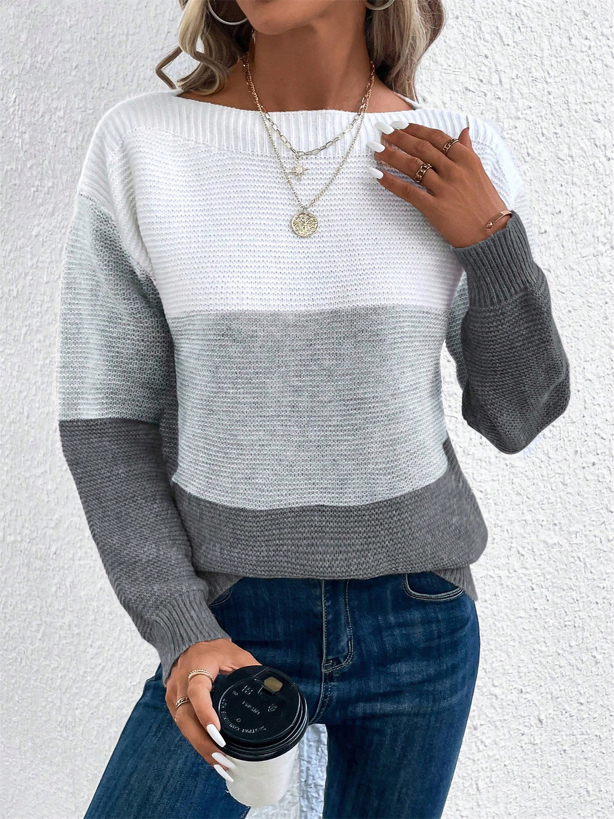 Elvara | Women's Color Block Crewneck Knit Sweatshirt