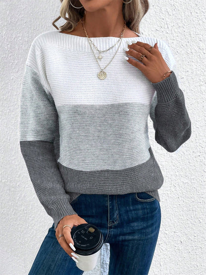 Elvara | Women's Color Block Crewneck Knit Sweatshirt