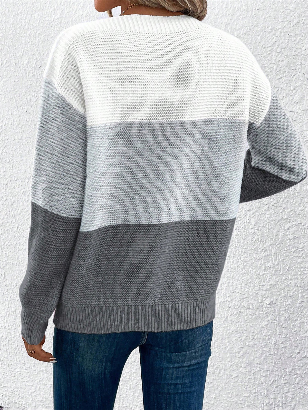 Elvara | Women's Color Block Crewneck Knit Sweatshirt