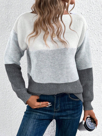 Elvara | Women's Color Block Crewneck Knit Sweatshirt