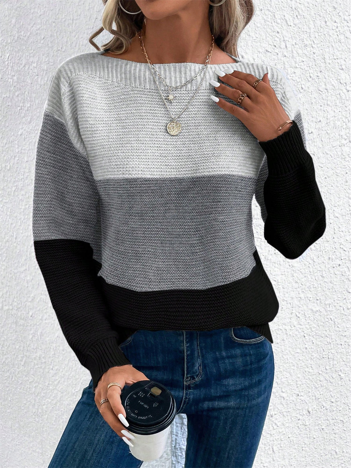 Elvara | Women's Color Block Crewneck Knit Sweatshirt