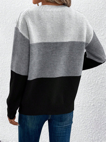 Elvara | Women's Color Block Crewneck Knit Sweatshirt