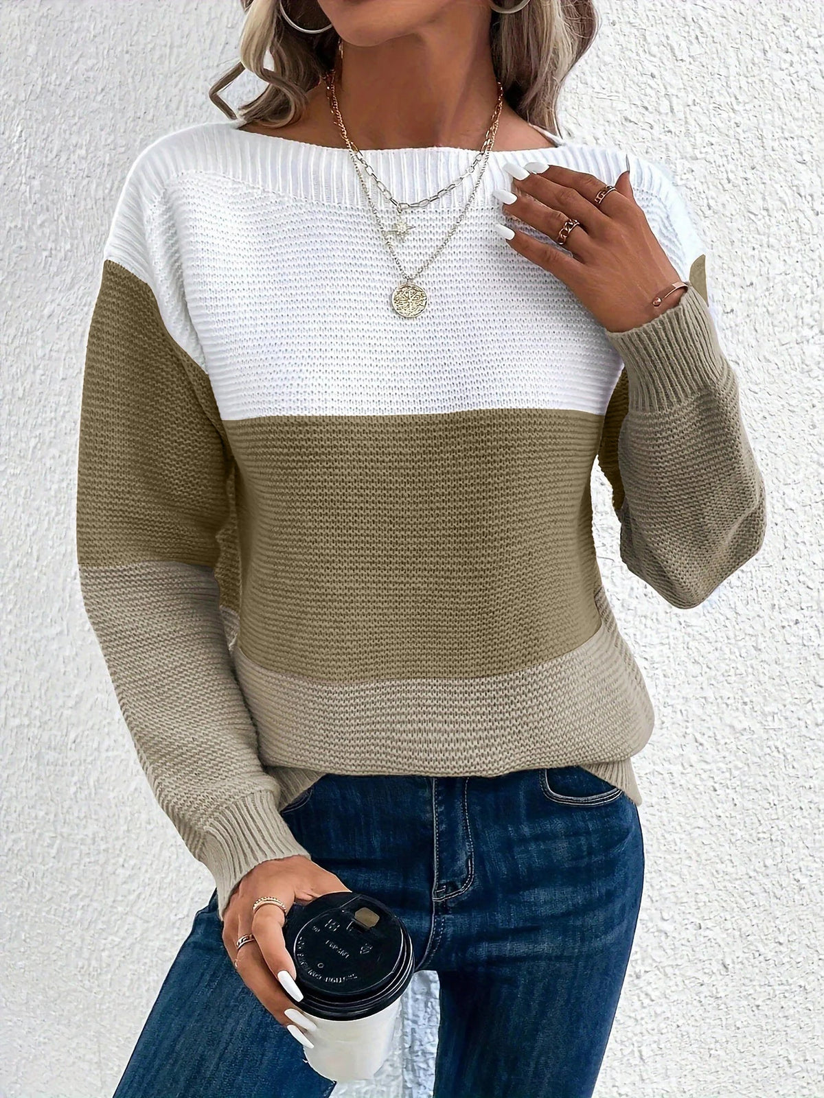 Elvara | Women's Color Block Crewneck Knit Sweatshirt