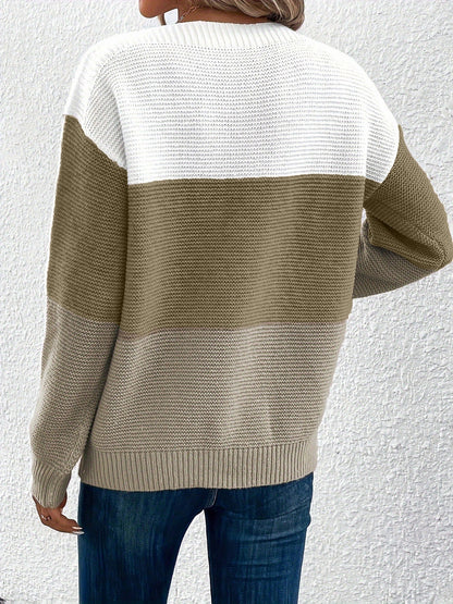 Elvara | Women's Color Block Crewneck Knit Sweatshirt