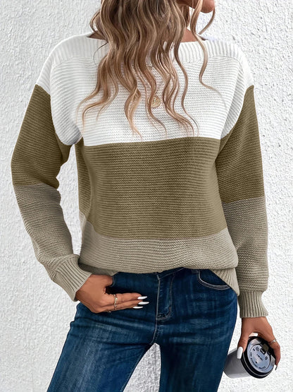 Elvara | Women's Color Block Crewneck Knit Sweatshirt