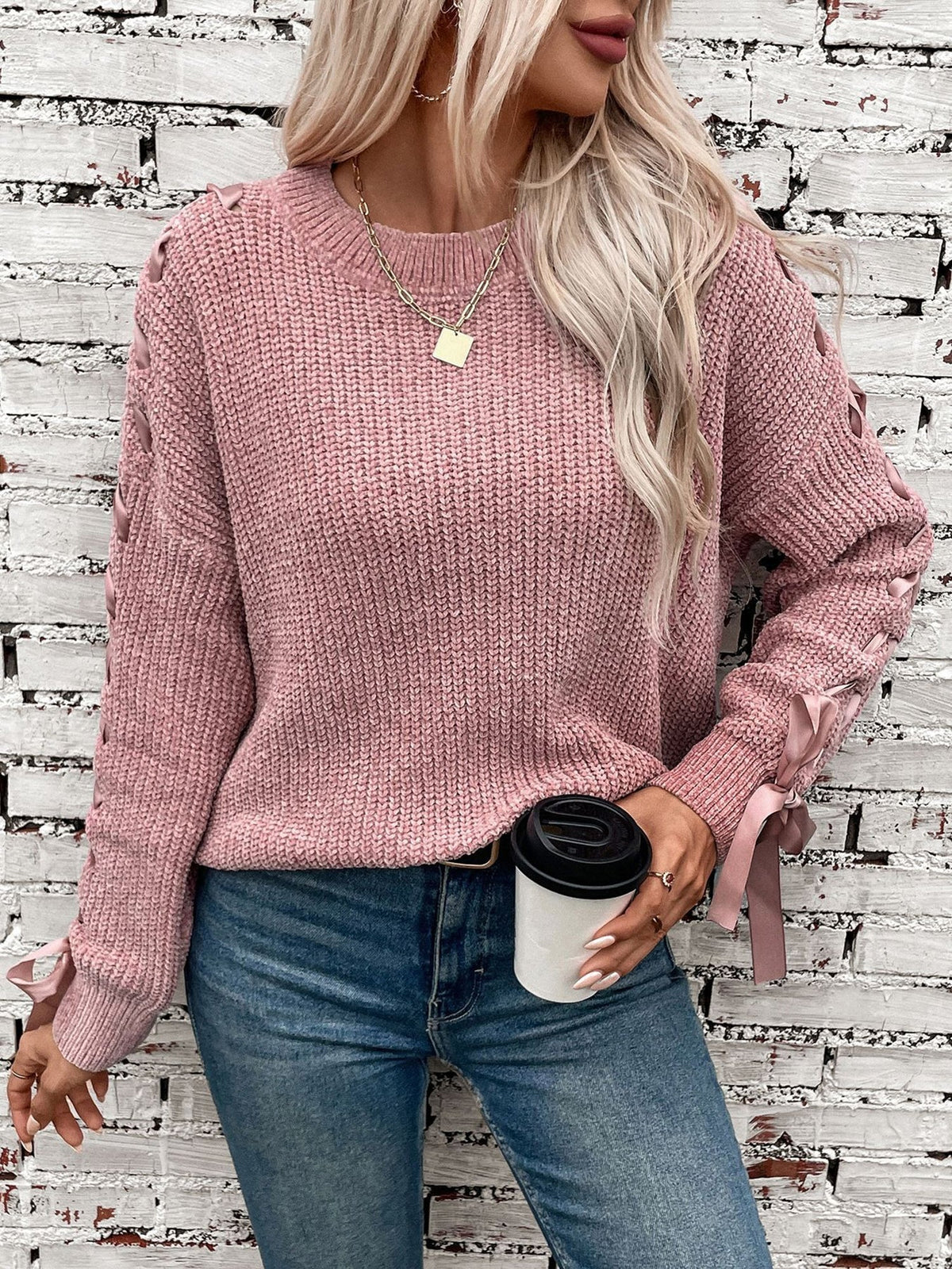 Marlowe | Women's Lace Trim Waffle Knit Sweatshirt