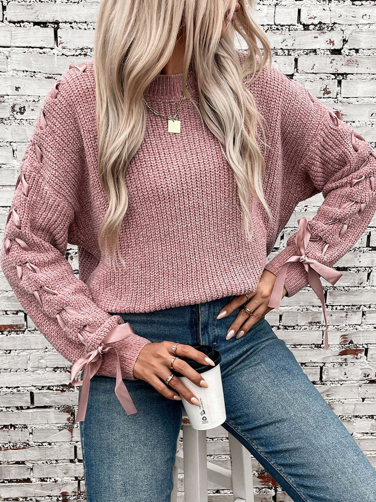 Marlowe | Women's Lace Trim Waffle Knit Sweatshirt