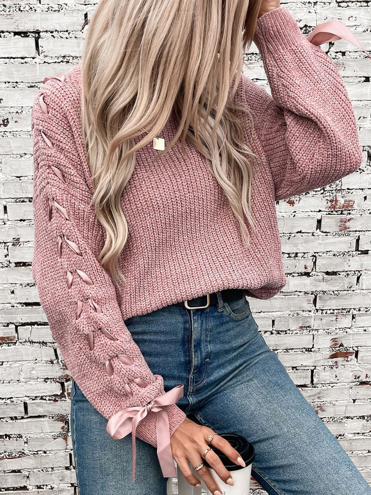 Marlowe | Women's Lace Trim Waffle Knit Sweatshirt