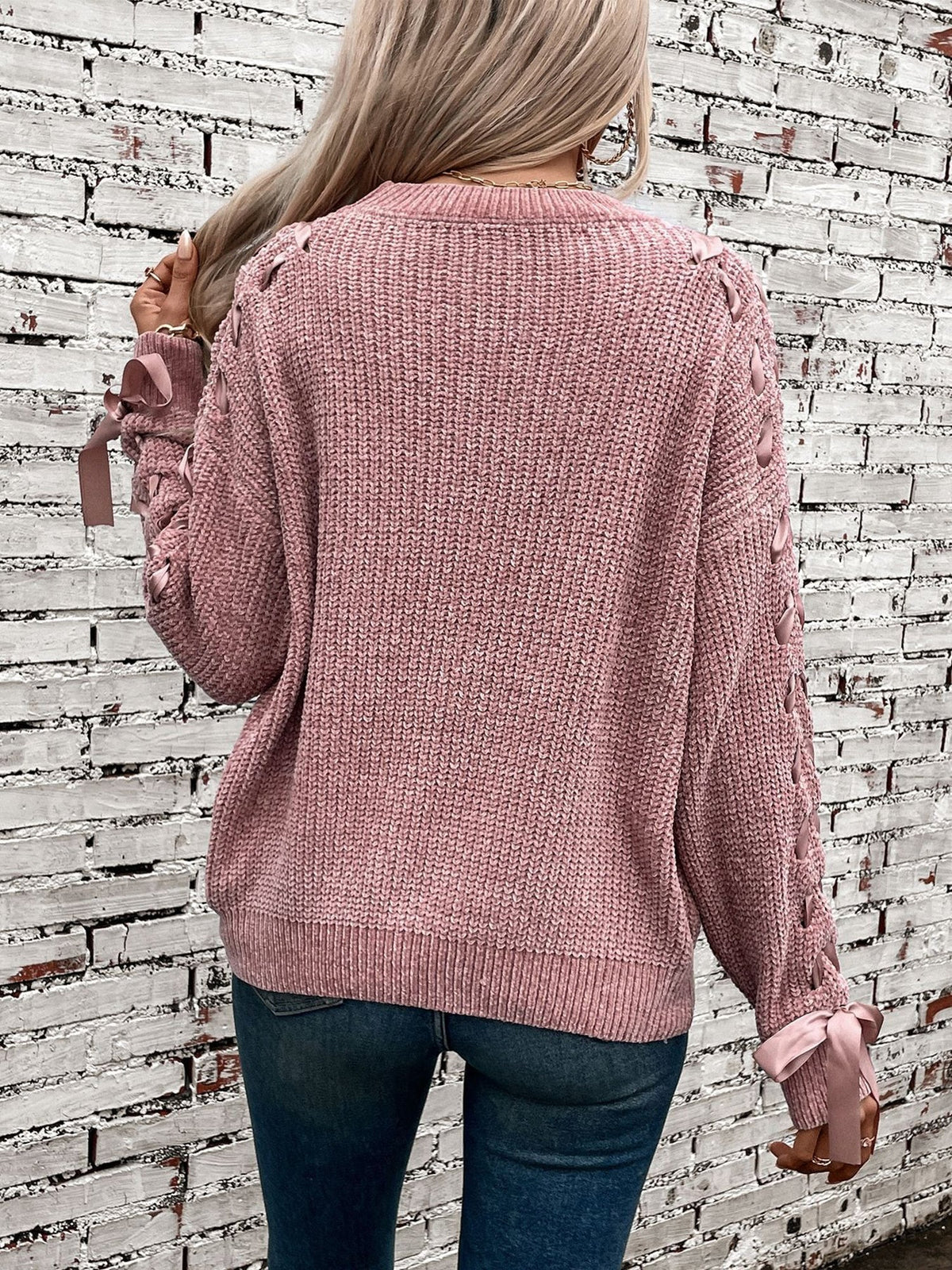 Marlowe | Women's Lace Trim Waffle Knit Sweatshirt