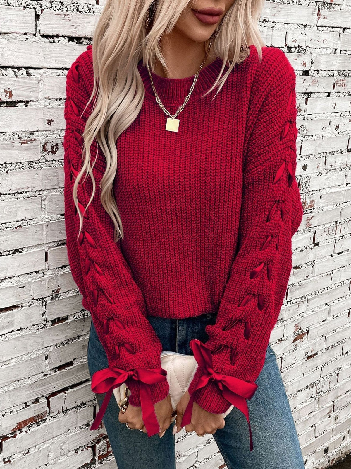 Marlowe | Women's Lace Trim Waffle Knit Sweatshirt