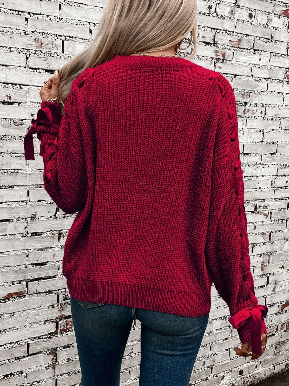 Marlowe | Women's Lace Trim Waffle Knit Sweatshirt