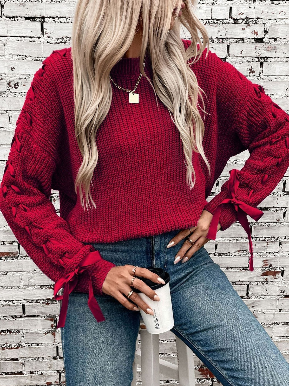 Marlowe | Women's Lace Trim Waffle Knit Sweatshirt
