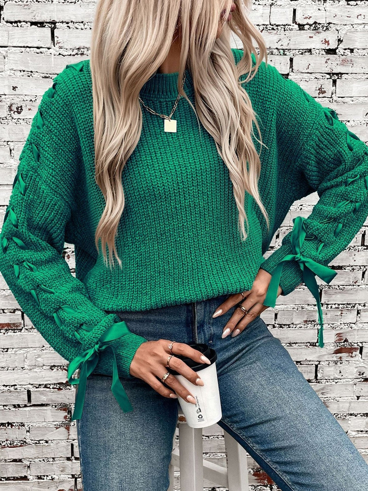 Marlowe | Women's Lace Trim Waffle Knit Sweatshirt