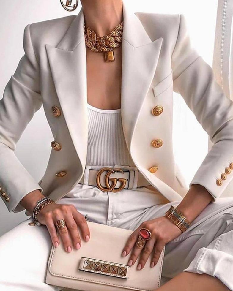 Double-breasted gold-button tailored blazer for women | Vivienne -6