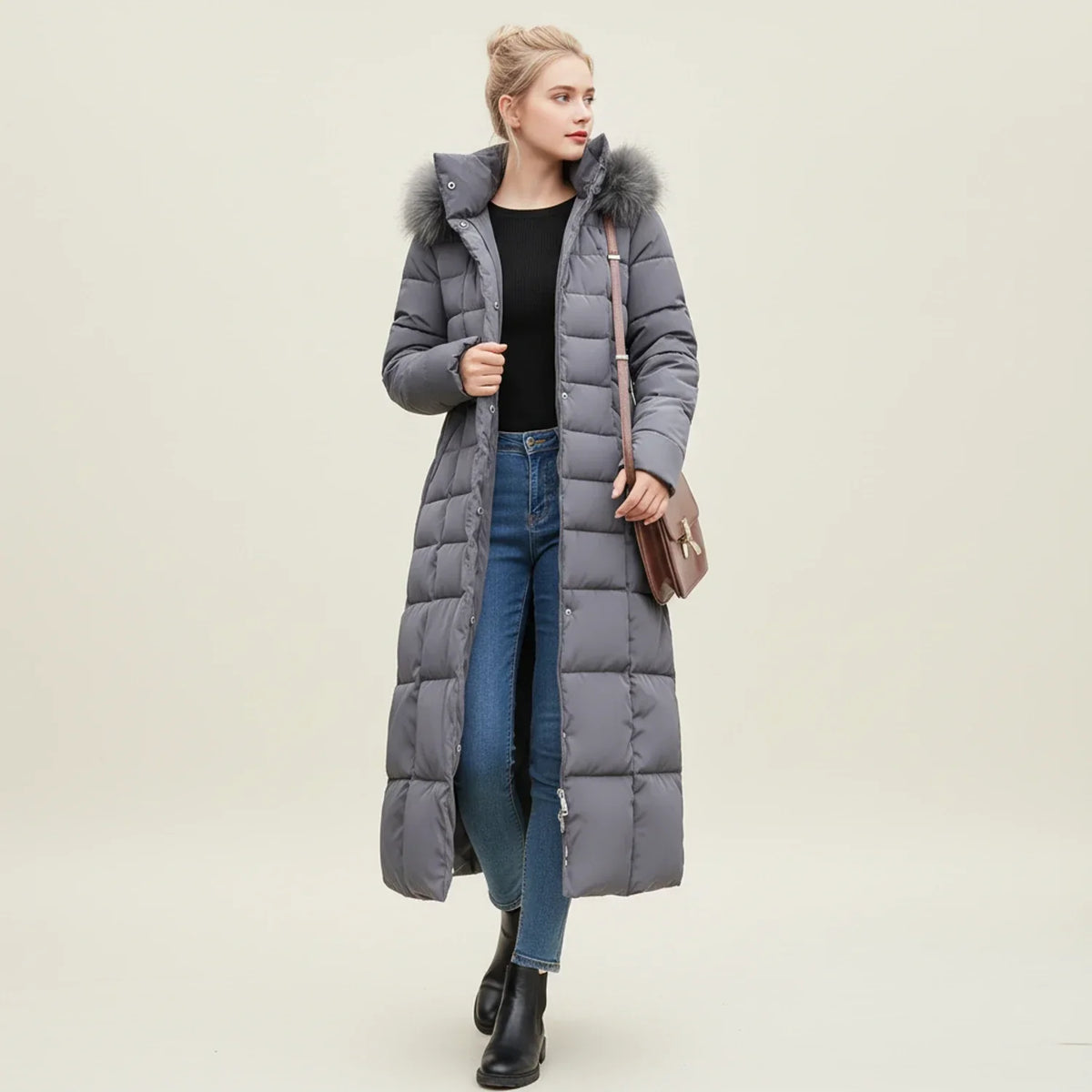 Maxi-length quilted hooded puffer jacket for women | Celeste -3