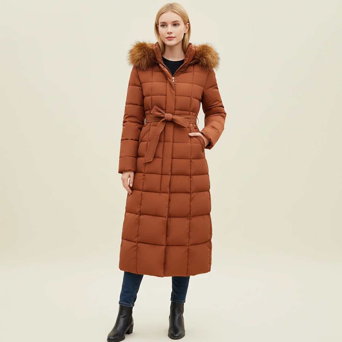 Maxi-length quilted hooded puffer jacket for women | Celeste -1