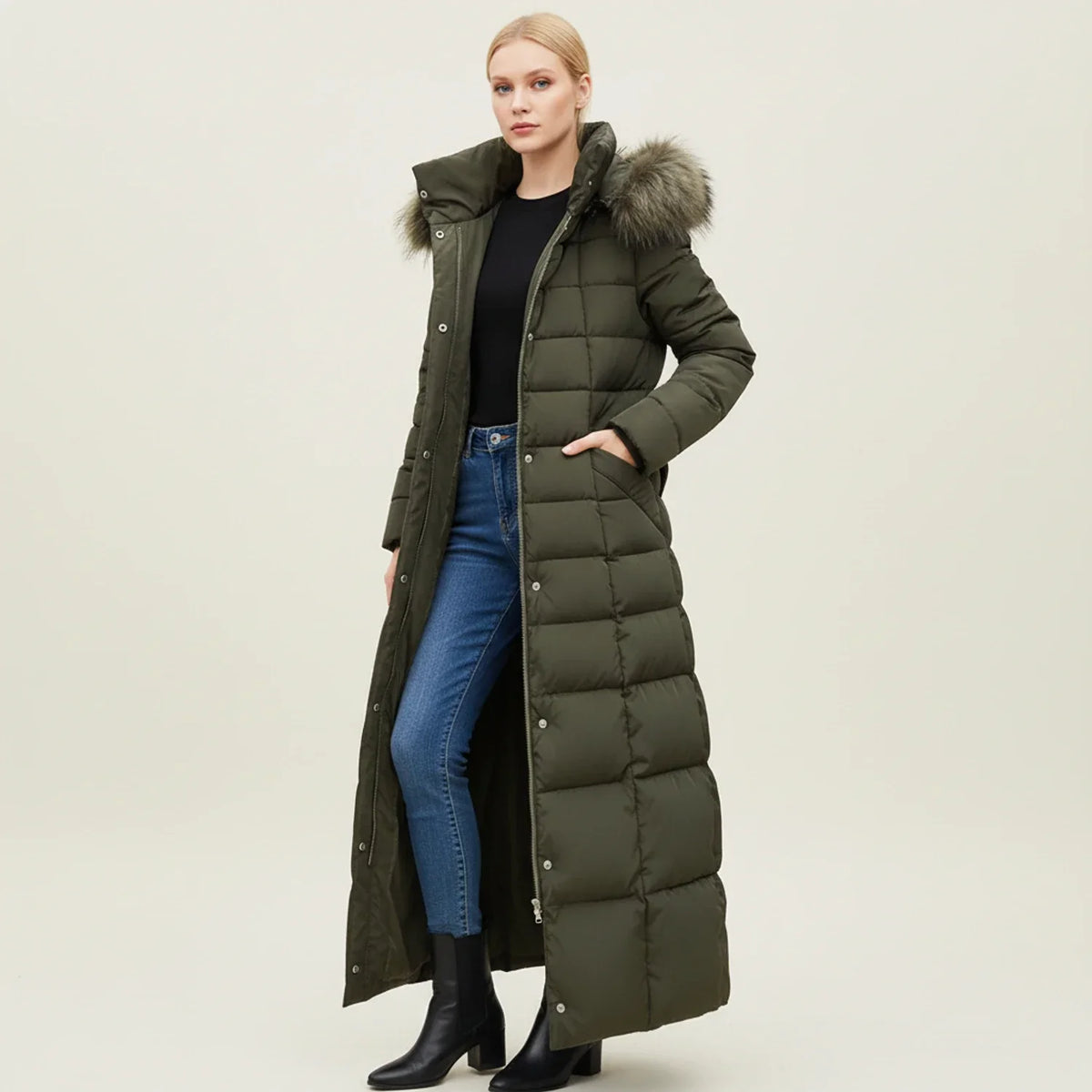 Maxi-length quilted hooded puffer jacket for women | Celeste -4