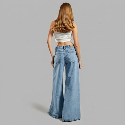 Odessa | Women's Pearl Embellished Mesh Slit Wide Leg Jean