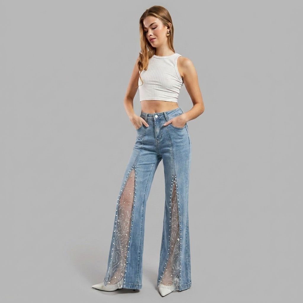 Odessa | Women's Pearl Embellished Mesh Slit Wide Leg Jean