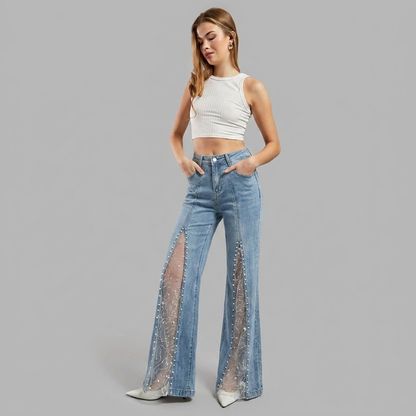 Odessa | Women's Pearl Embellished Mesh Slit Wide Leg Jean