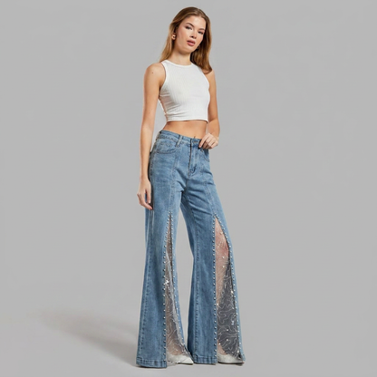 Odessa | Women's Pearl Embellished Mesh Slit Wide Leg Jean