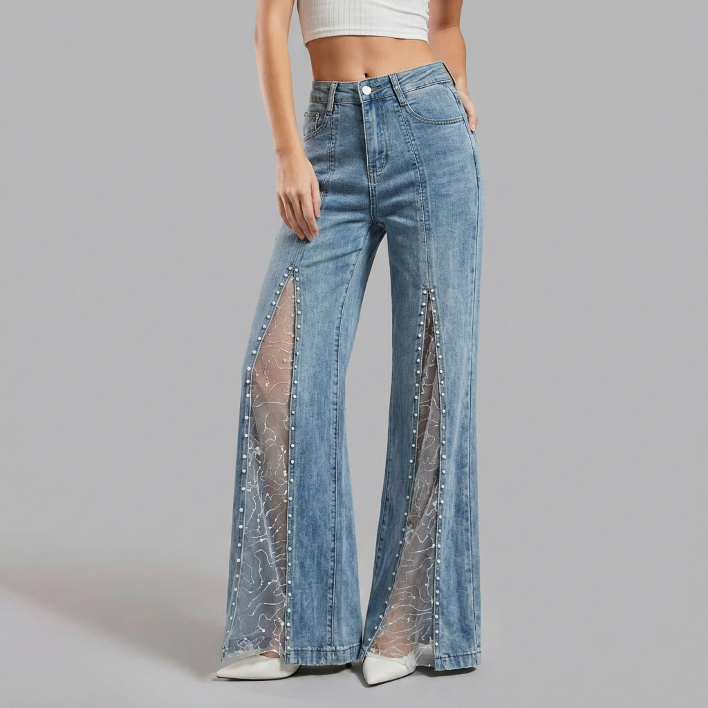 Odessa | Women's Pearl Embellished Mesh Slit Wide Leg Jean