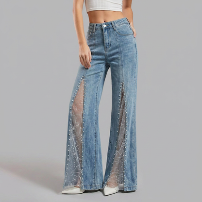 Odessa | Women's Pearl Embellished Mesh Slit Wide Leg Jean