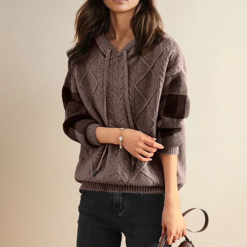Solvane | Women's Cable Knit Hooded Sweatshirt with Plaid Sleeves