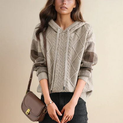 Solvane | Women's Cable Knit Hooded Sweatshirt with Plaid Sleeves