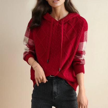 Solvane | Women's Cable Knit Hooded Sweatshirt with Plaid Sleeves