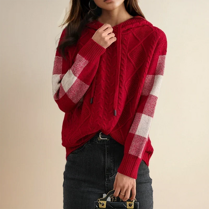 Solvane | Women's Cable Knit Hooded Sweatshirt with Plaid Sleeves