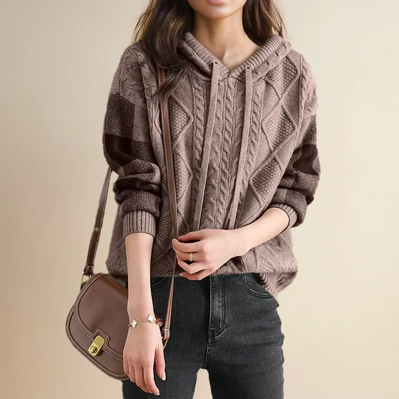Solvane | Women's Cable Knit Hooded Sweatshirt with Plaid Sleeves