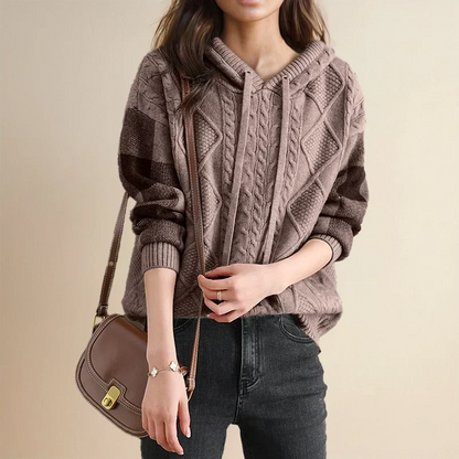 Solvane | Women's Cable Knit Hooded Sweatshirt with Plaid Sleeves