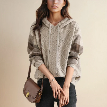 Solvane | Women's Cable Knit Hooded Sweatshirt with Plaid Sleeves