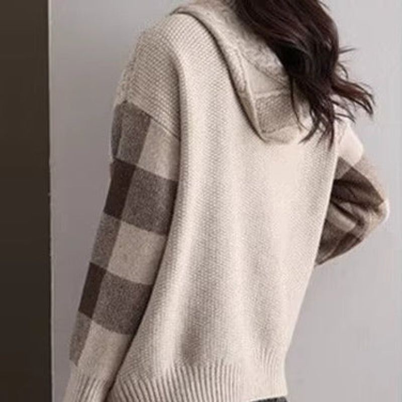 Solvane | Women's Cable Knit Hooded Sweatshirt with Plaid Sleeves