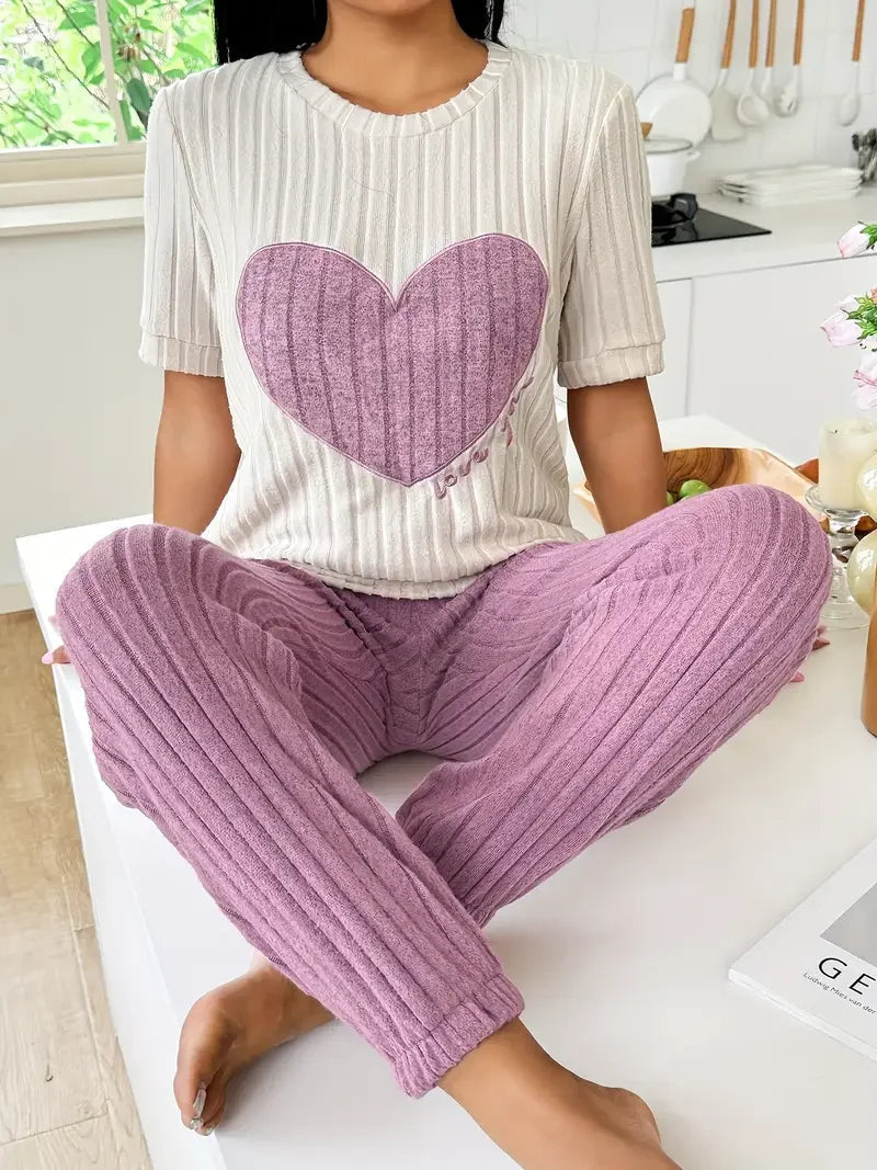 Paisley | Women's Heart Print Ribbed Knit Pajama Set