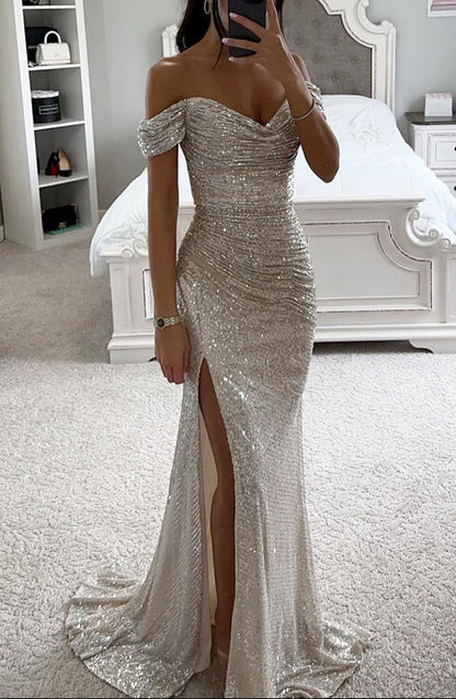 Vivienne | Women's Ruched Sequin Maxi Dress with Off Shoulder Neckline