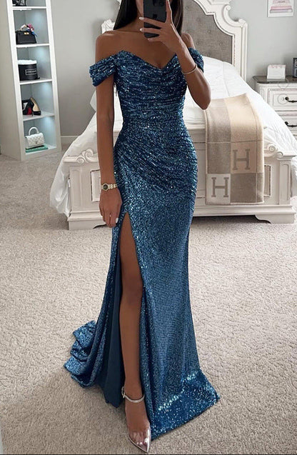 Vivienne | Women's Ruched Sequin Maxi Dress with Off Shoulder Neckline