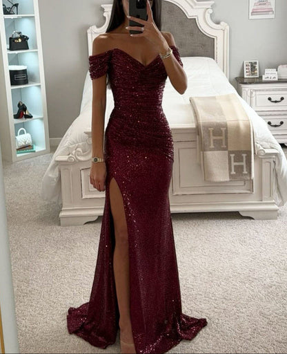 Vivienne | Women's Ruched Sequin Maxi Dress with Off Shoulder Neckline