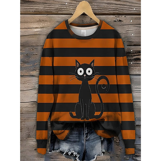 Marisette | Women's Striped Cat Print Sweatshirt